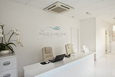 White reception desk and clinic sign at The Angel Laser Clinic