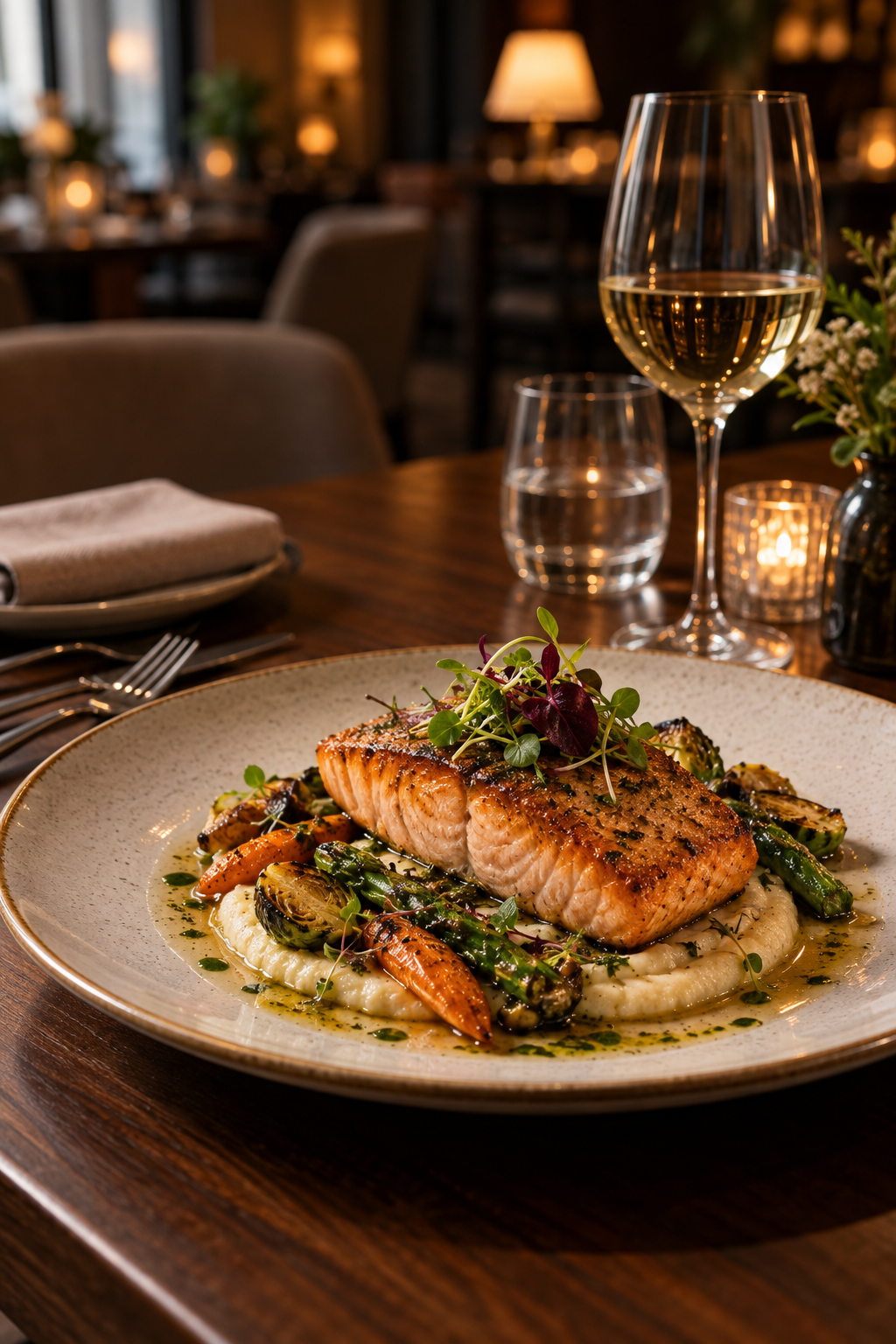Restaurant dinner with grilled salmon and a glass of white wine